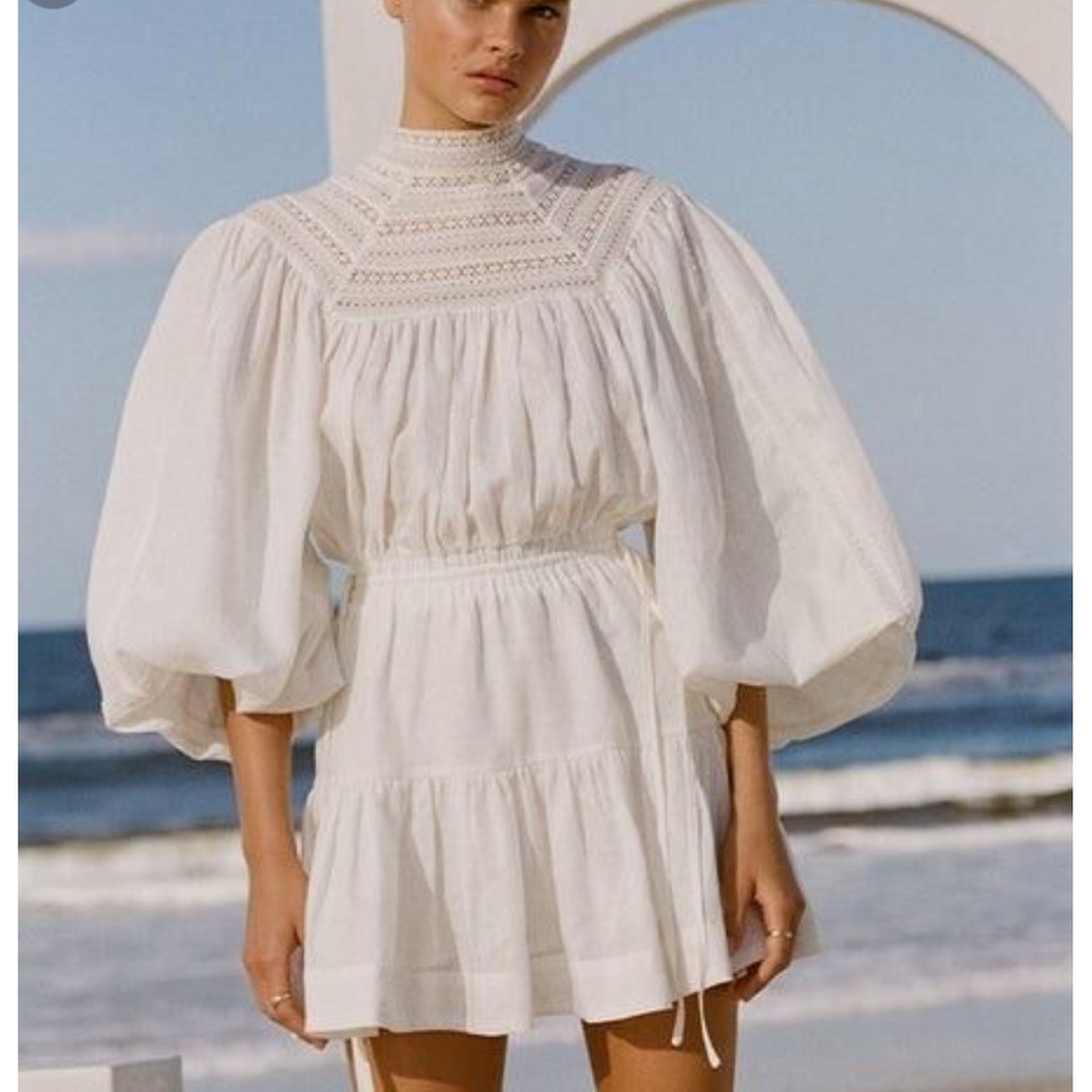SHONA JOY Linen White Puff-Sleeve Mini Dress - Elegant Summer Size 10